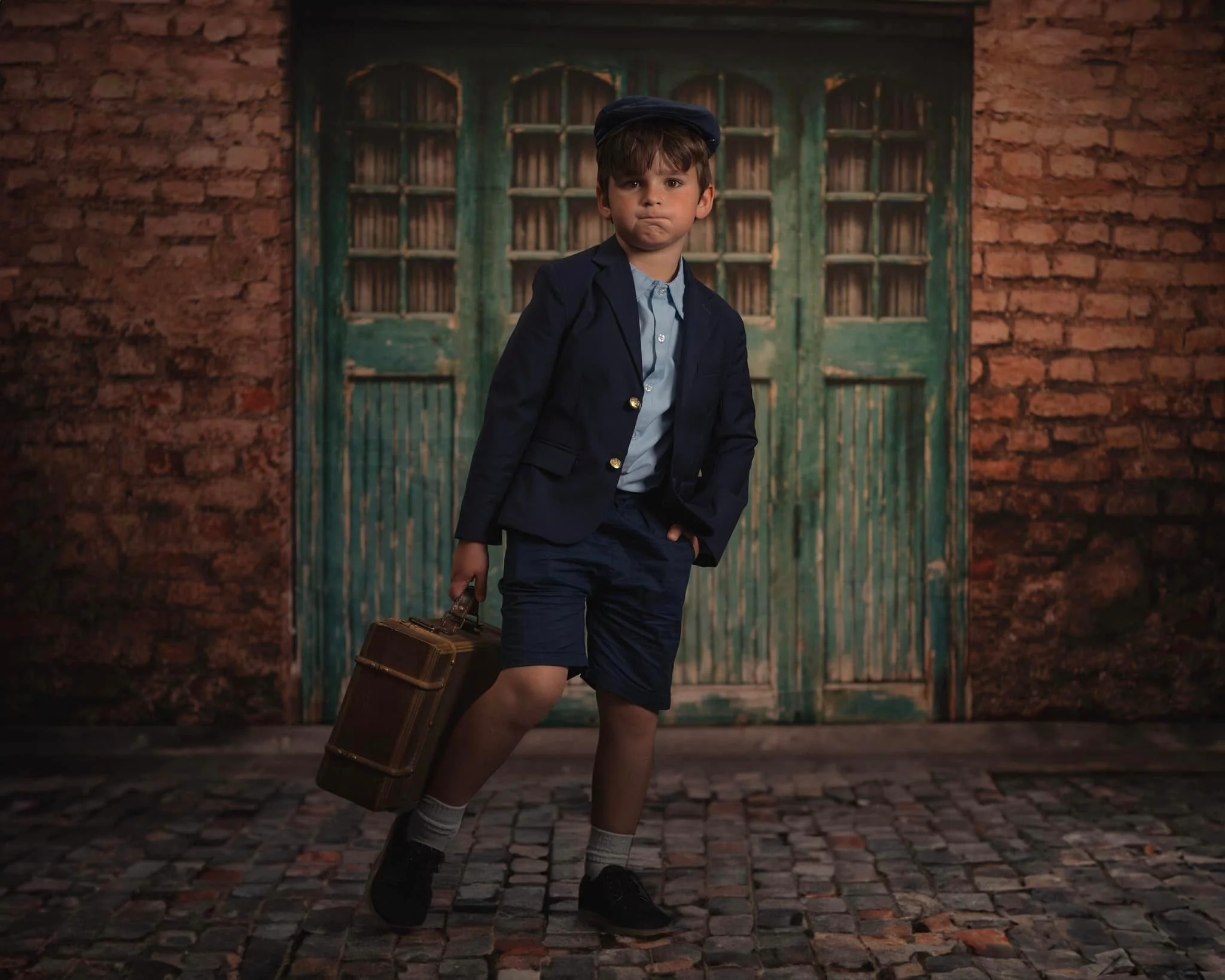 Kate Blue Door in Front Brick Wall Backdrop for Photography