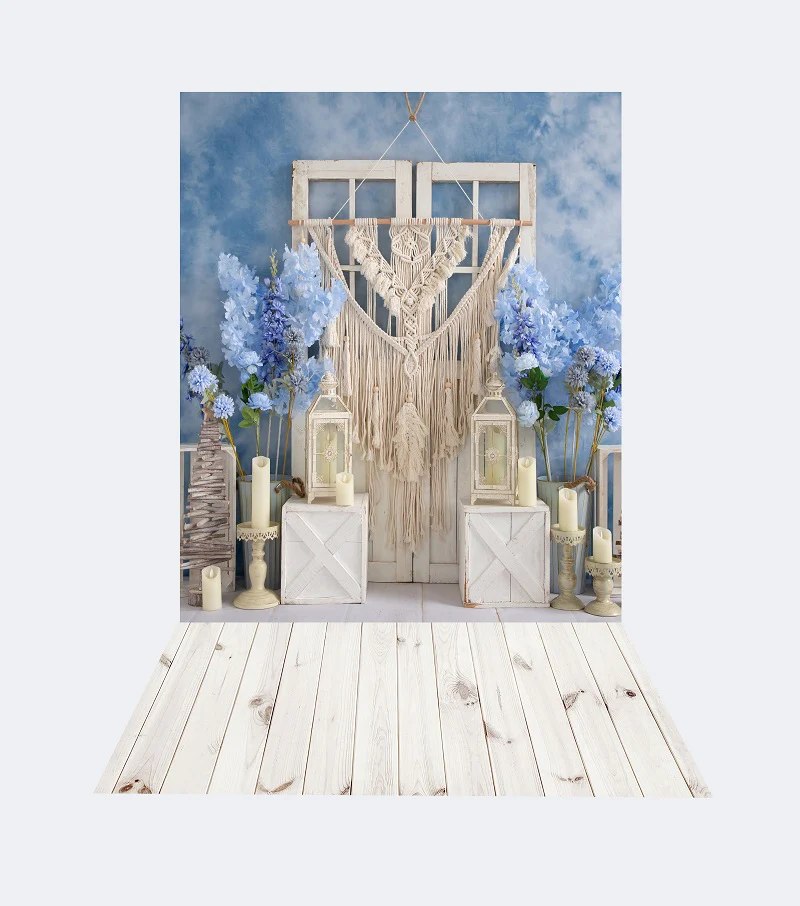Kate 8x8ft Boho Blue Backdrop + 5x8ft Retro White Wood Rubber Floor Mat for Photography
