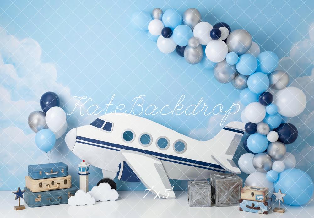 Kate Aeroplane Balloons Suitcases Sky Blue Backdrop Designed by Patty Robert