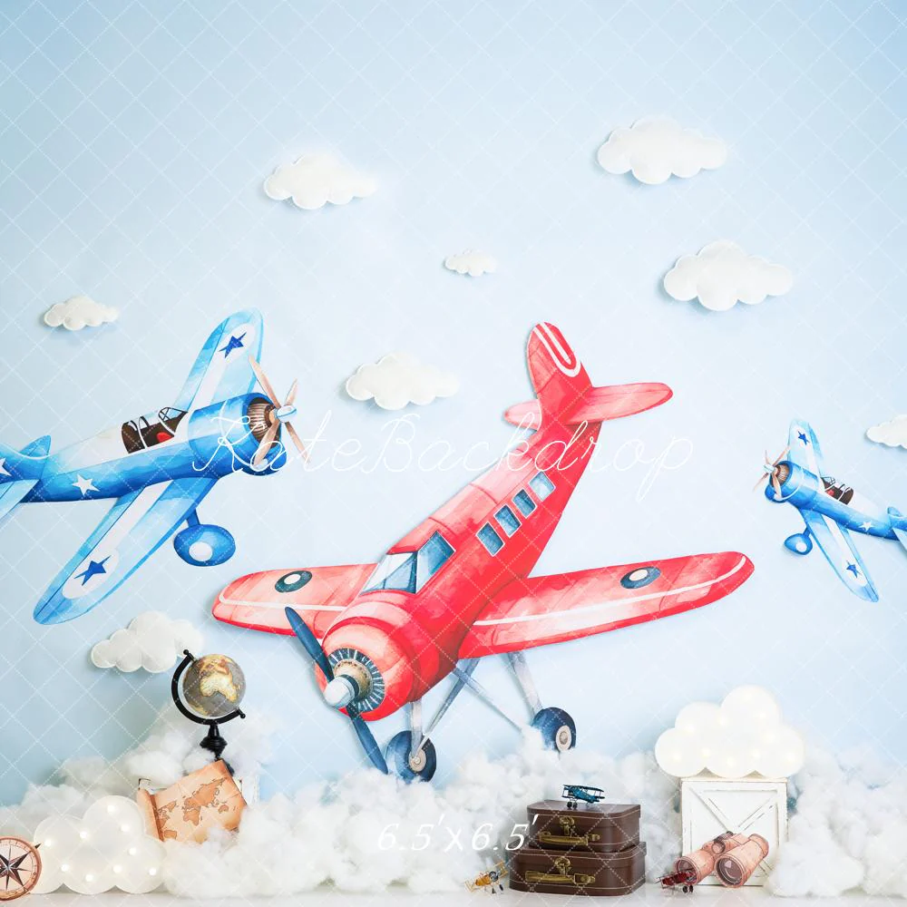 Kate Aeroplane Clouds Suitcases Blue Sky Backdrop Designed by Megan Leigh Photography - Image 2