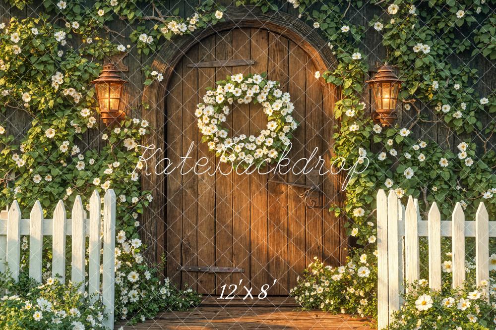 Kate Arch Wooden Door White Fence Fleece Backdrop Designed by Emetselch - Image 4