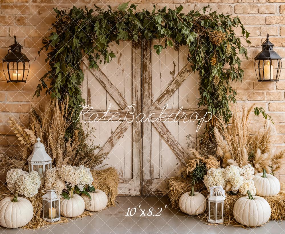 Kate Autumn Barn Door White Pumpkins Lanterns Backdrop Designed by Emetselch - Image 6