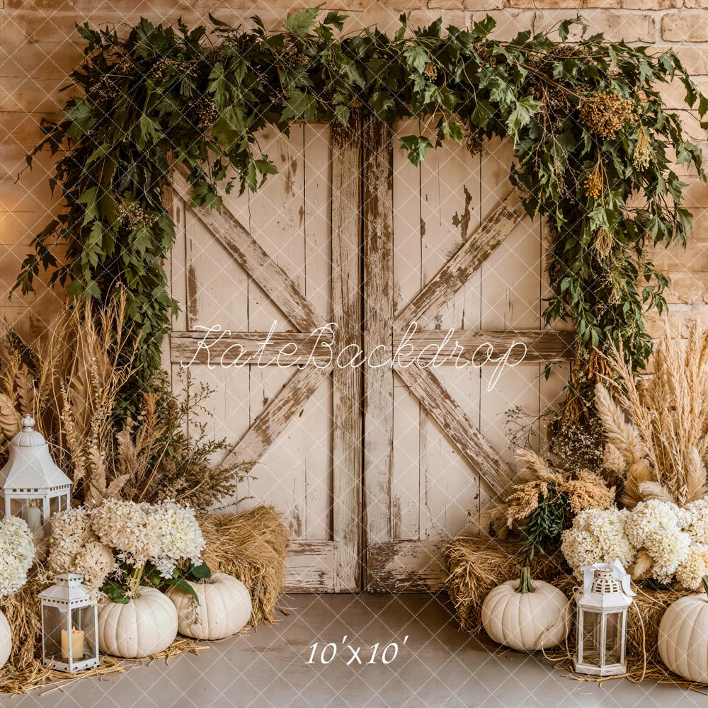 Kate Autumn Barn Door White Pumpkins Lanterns Backdrop Designed by Emetselch - Image 7