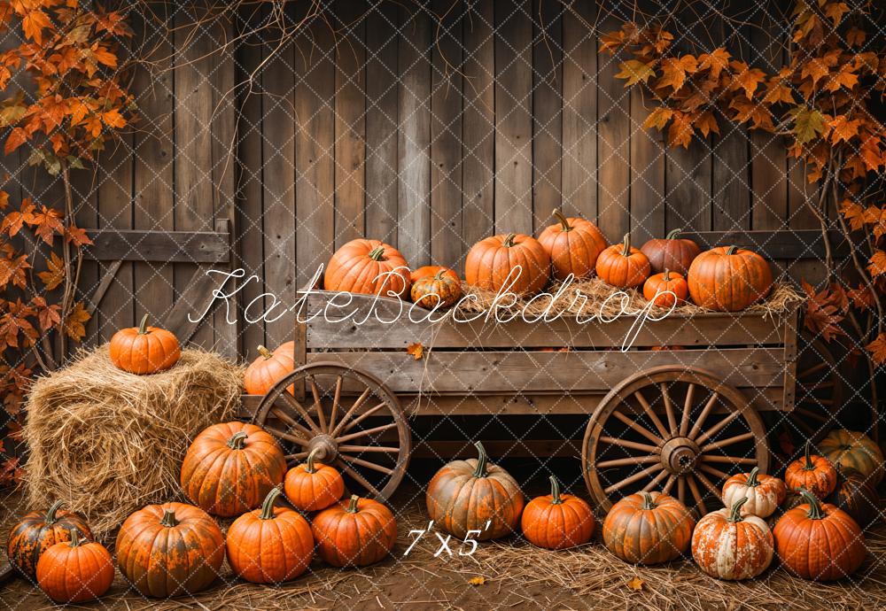 Kate Autumn Barn Pumpkin Cart Maple Leaves Backdrop Designed by Emetselch