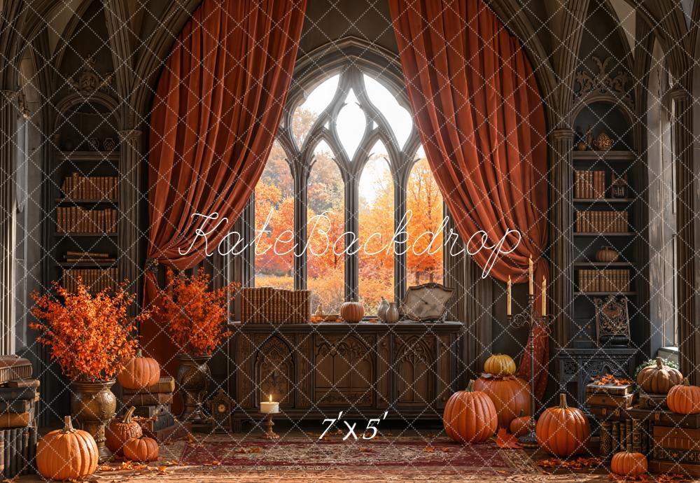 Kate Autumn Gothic Library Pumpkins Backdrop Designed by Emetselch