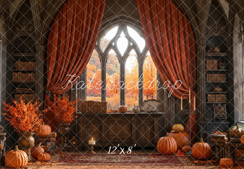 Kate Autumn Gothic Pumpkins Bookshelves Fleece Backdrop Designed by Emetselch - Image 4