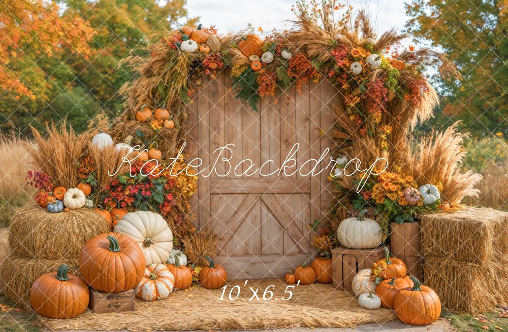 Kate Autumn Pumpkins Wooden Door Fleece Backdrop Designed by Emetselch