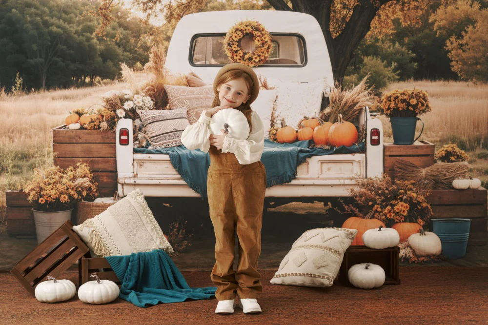 Kate Autumn Truck Pumpkin Backdrop+Brown Texture Floor Backdrop