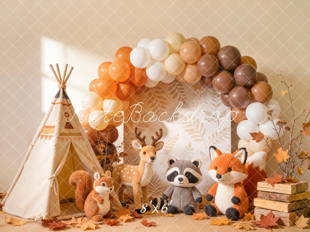 Kate Autumn Woodland Animals Leaves Balloons Fleece Backdrop Designed by Emetselch