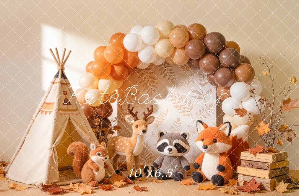 Kate Autumn Woodland Animals Leaves Balloons Fleece Backdrop Designed by Emetselch - Image 2