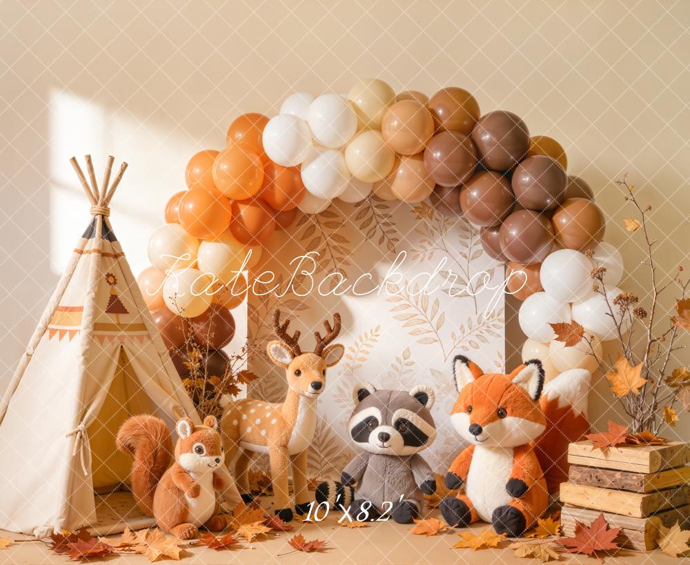 Kate Autumn Woodland Animals Leaves Balloons Fleece Backdrop Designed by Emetselch - Image 3