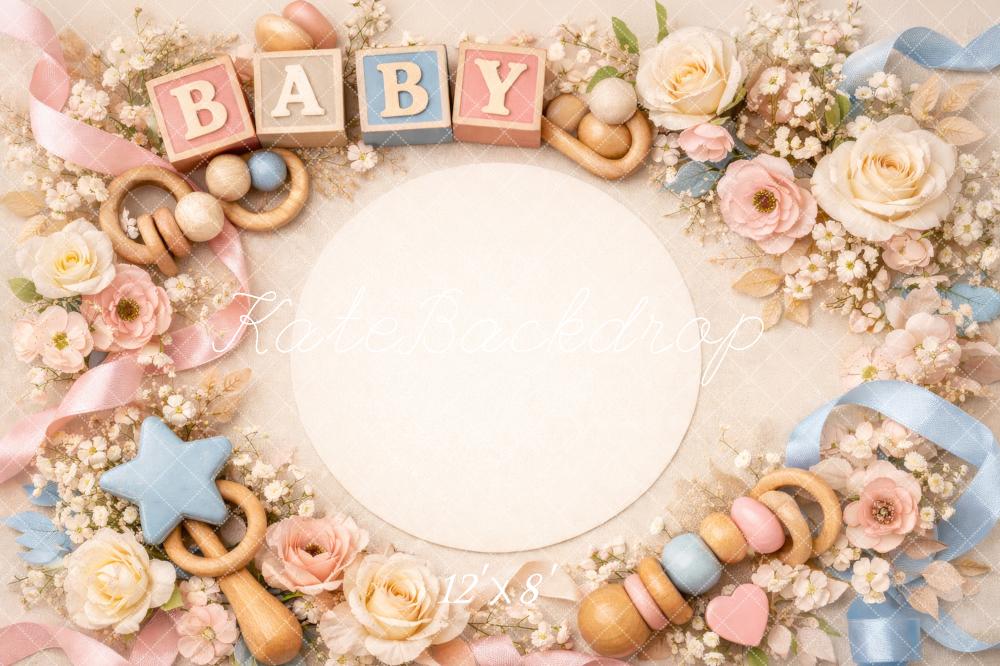 Kate Baby Blocks Floral Rattles Pink Blue Fleece Backdrop Designed by Megan Leigh Photography - Image 4