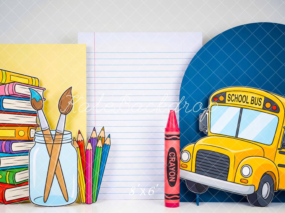 Kate Back To School Bus Books Art Supplies Fleece Backdrop Designed by Patty Robert