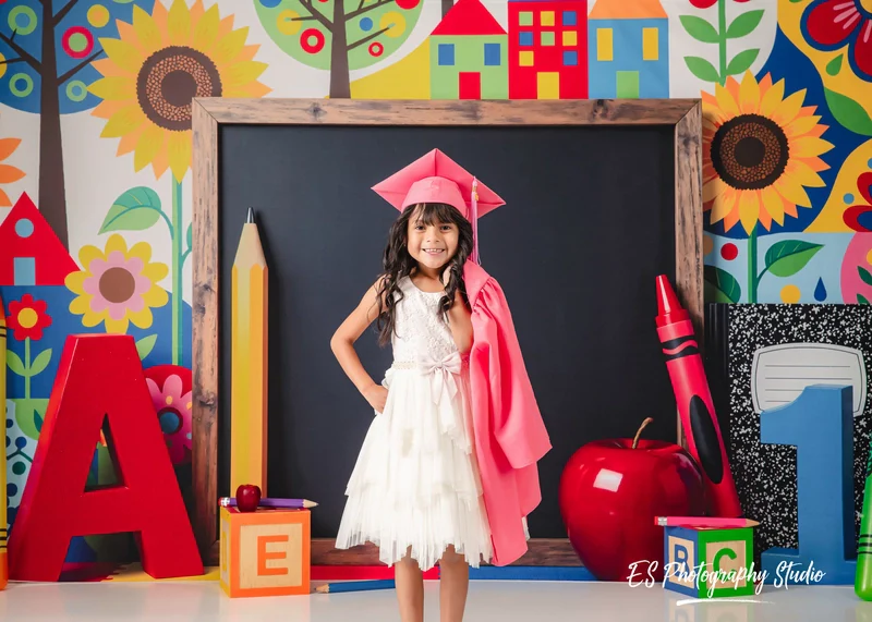 Kate Back To School Chalkboard Apple Colourful Houses Backdrop Designed by Mini MakeBelieve