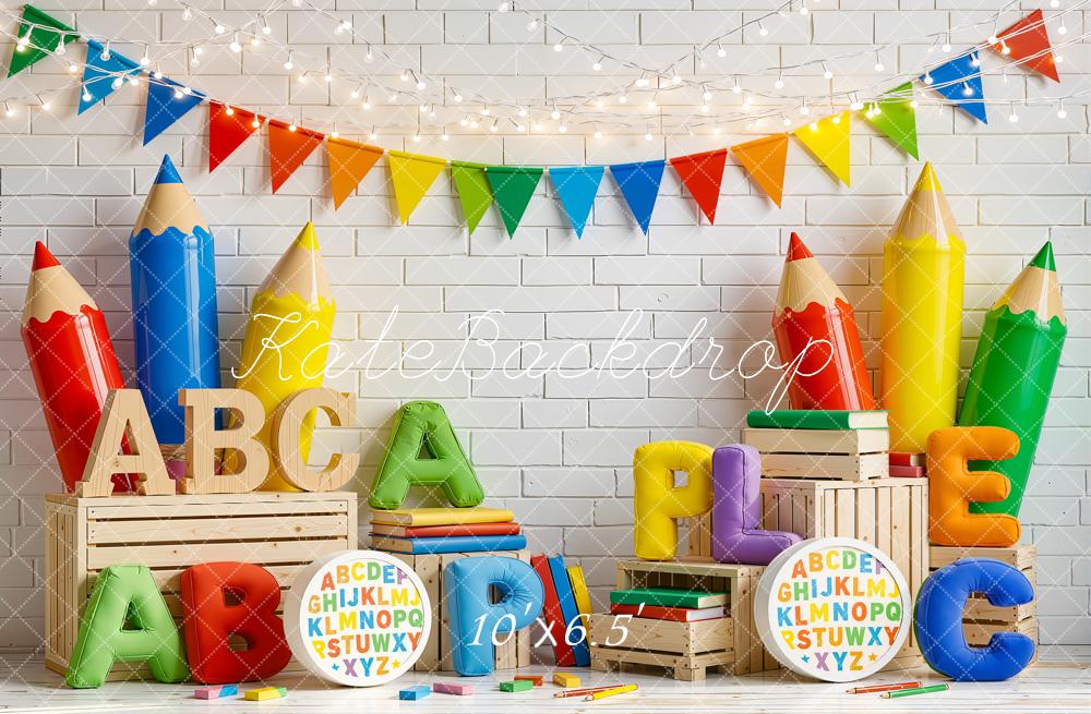 Kate Back To School Colourful Pencils Alphabet Books Fleece Backdrop Designed by Emetselch - Image 2