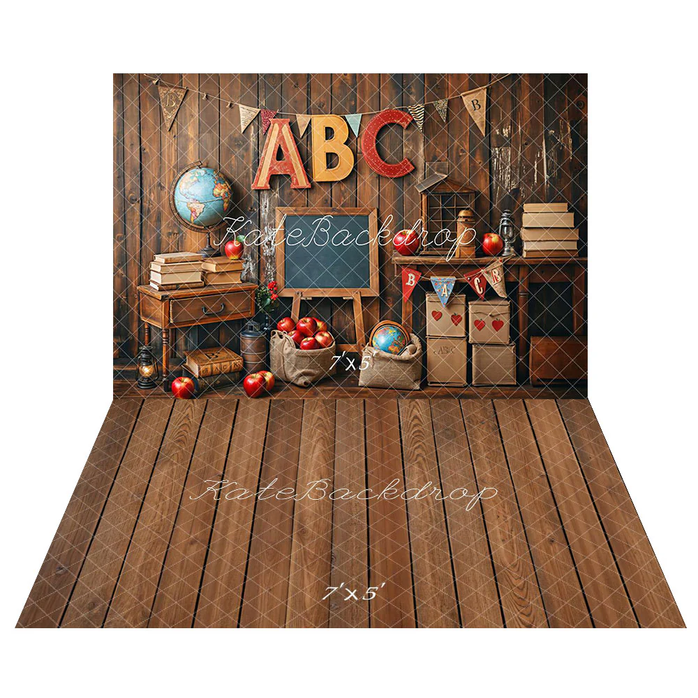 Kate Back to School Globe Vintage Wooden Backdrop+Rustic Wood Panel Floor Backdrop - Image 2