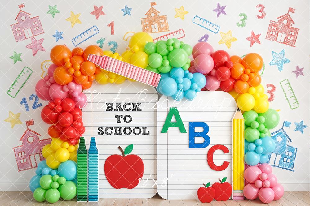 Kate Back To School Rainbow Balloons Crayons Apples Fleece Backdrop Designed by Emetselch - Image 4