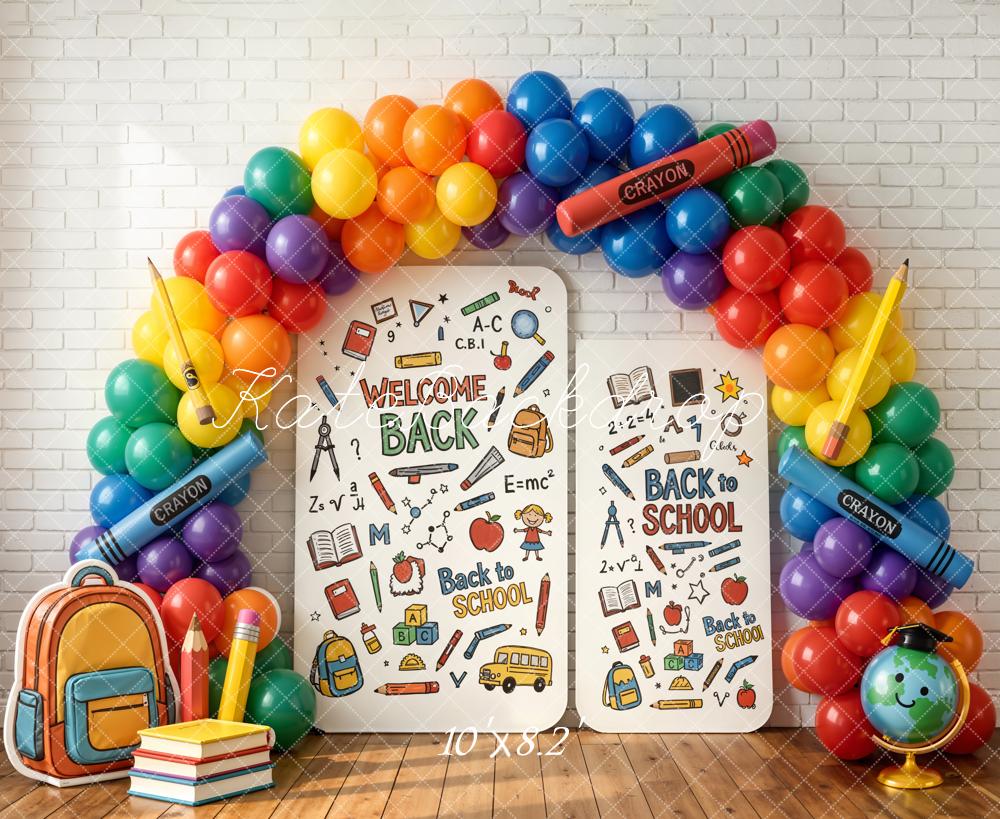 Kate Back To School Rainbow Balloons Crayons Doodles Fleece Backdrop Designed by Chain Photography - Image 3