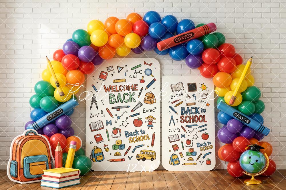 Kate Back To School Rainbow Balloons Crayons Doodles Fleece Backdrop Designed by Chain Photography - Image 4