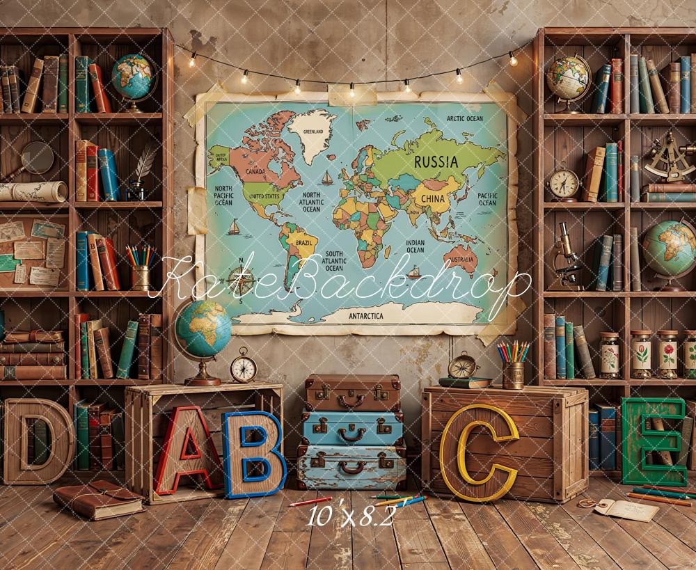 Kate Back to School World Map Books Globes Fleece Backdrop Designed by Emetselch - Image 3