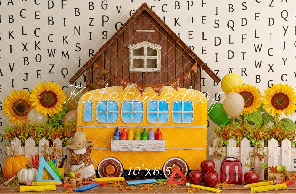 Kate Back To School Yellow Bus Sunflowers Fleece Backdrop Designed by Emstselch - Image 2