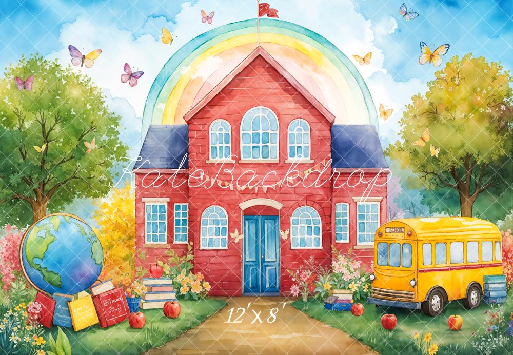 Kate Back to School Red Schoolhouse Rainbow Fleece Backdrop Designed by Emetselch - Image 4