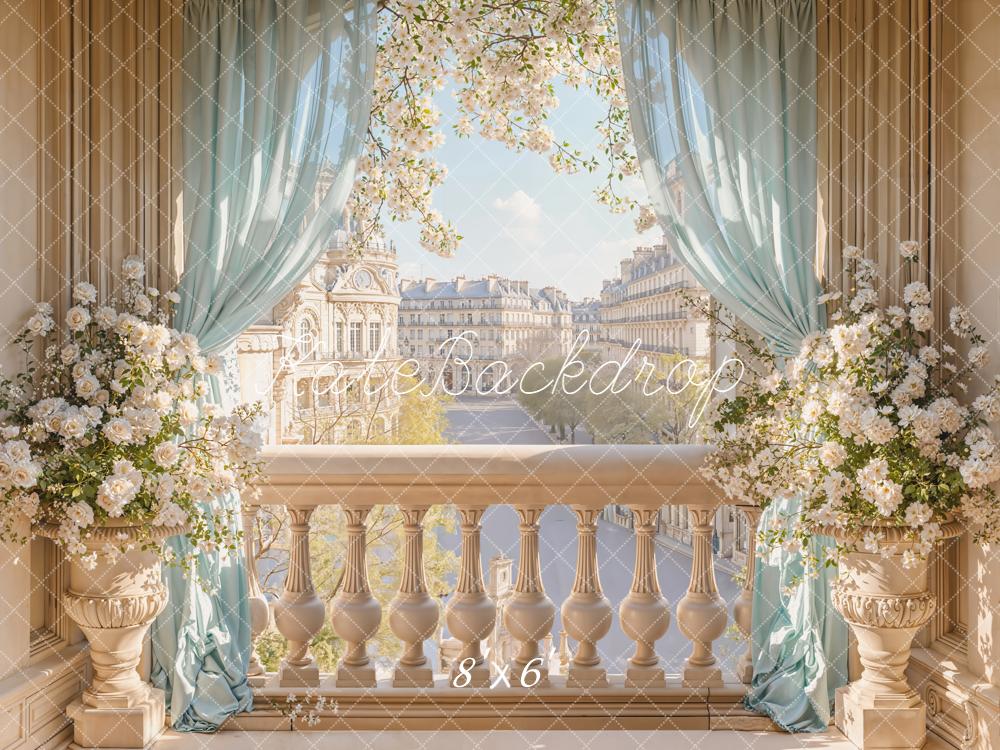 Kate Balcony Cityscape Floral Blue Curtains Fleece Backdrop Designed by Emetselch