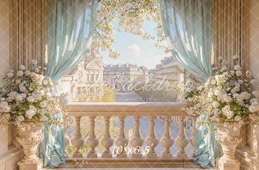Kate Balcony Cityscape Floral Blue Curtains Fleece Backdrop Designed by Emetselch - Image 2