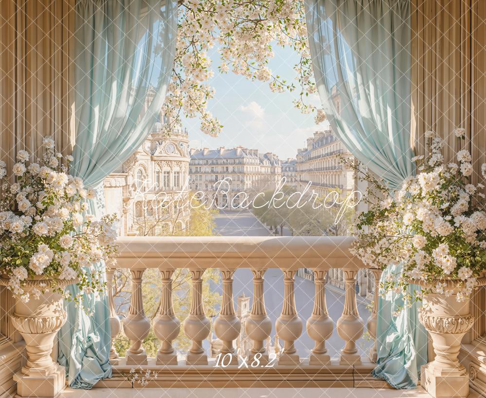 Kate Balcony Cityscape Floral Blue Curtains Fleece Backdrop Designed by Emetselch - Image 3