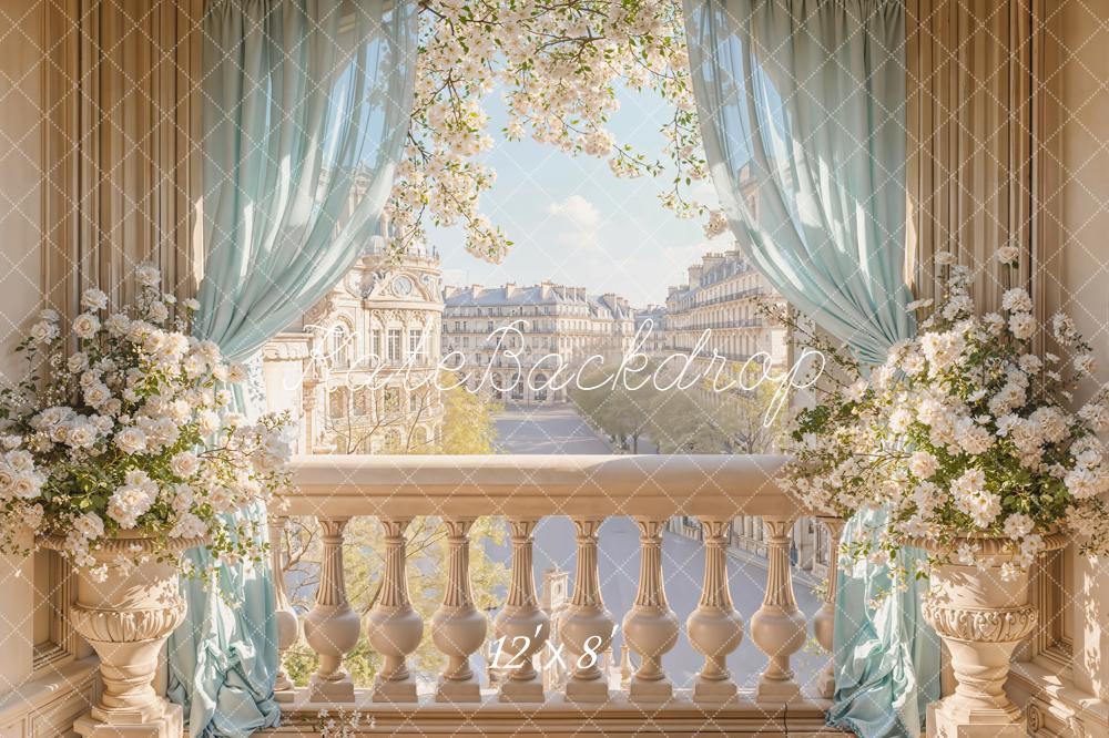 Kate Balcony Cityscape Floral Blue Curtains Fleece Backdrop Designed by Emetselch - Image 4