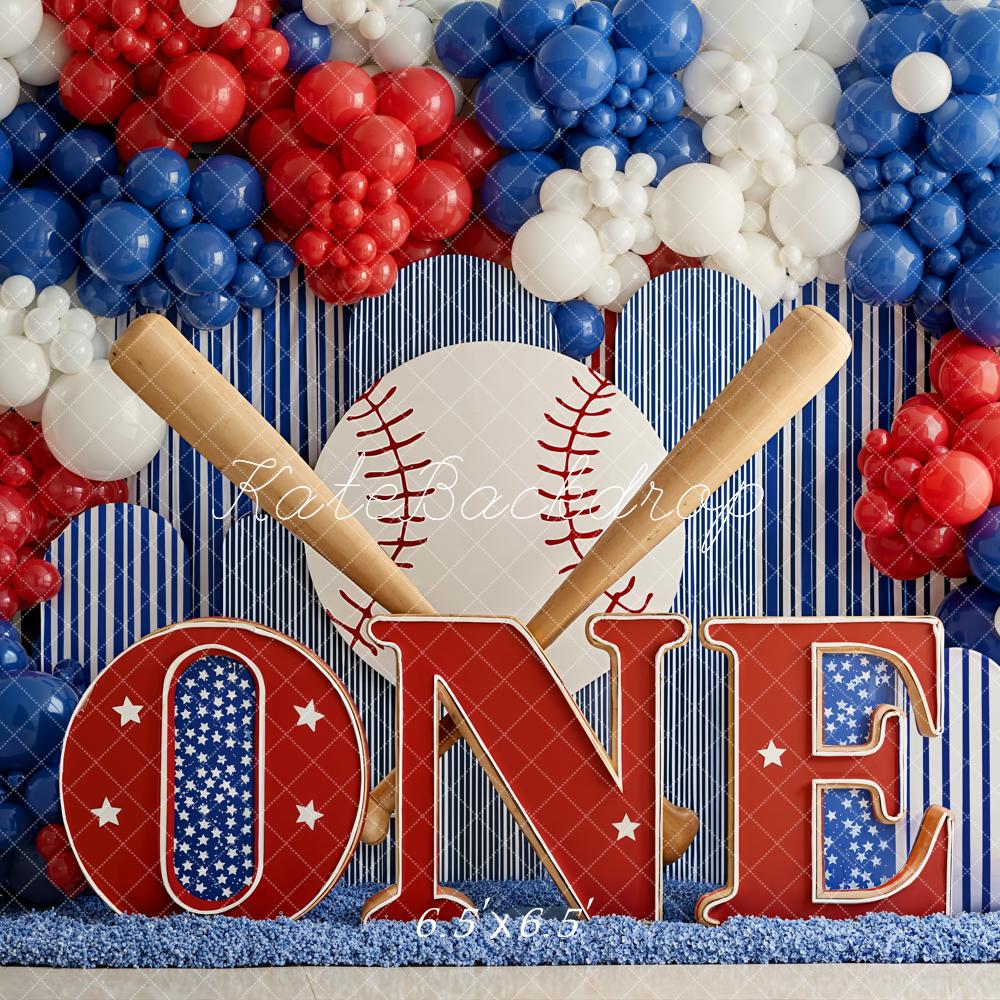 Kate 1st Birthday Baseball Bats Balloons Backdrop Designed by Emetselch - Image 2