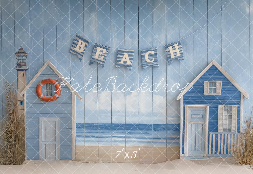 Kate Beach Lighthouse Lifebuoy Blue Houses Backdrop Designed by Angela Marie Photography