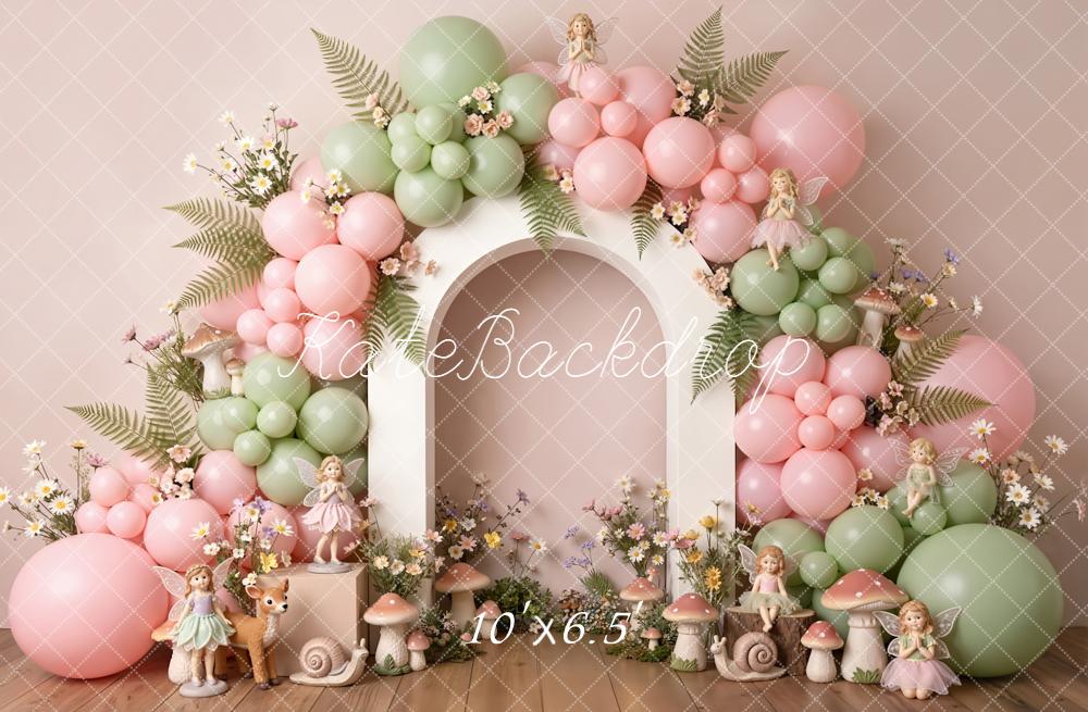 Kate 1st Birthday Pink Green Balloons Fairy Arch Backdrop Designed by Emstselch - Image 4