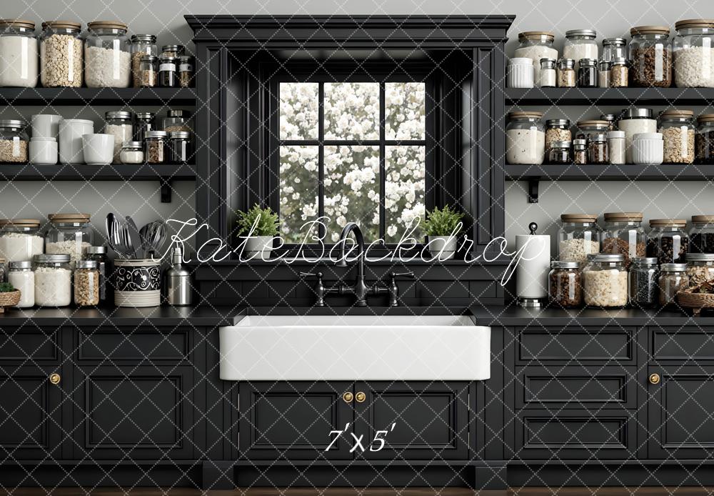 Kate Black Kitchen Cabinets Window Shelves Backdrop Designed by Mini MakeBelieve