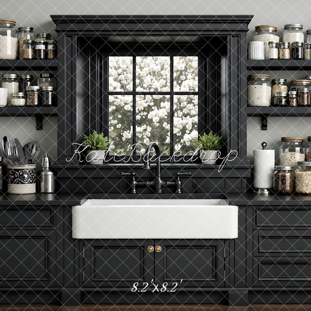 Kate Black Kitchen Cabinets Window Shelves Backdrop Designed by Mini MakeBelieve - Image 5