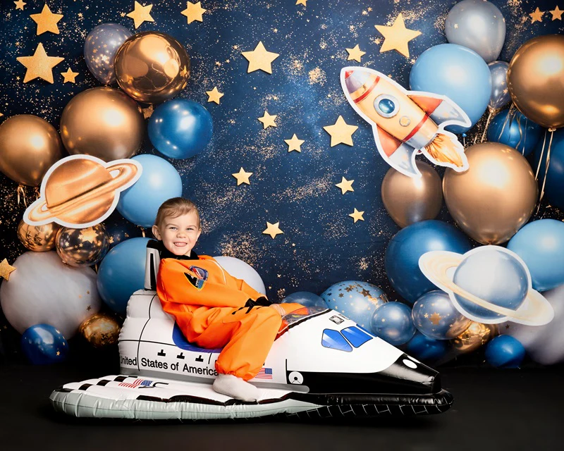 Kate Blue Cake Smash Space Rocket Balloon Backdrop Designed by Emetselch