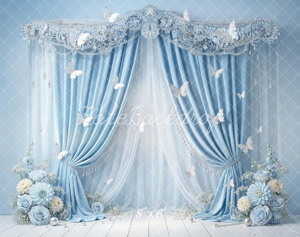 Kate Blue Curtains Floral Butterflies Fleece Backdrop Designed by Emstselch