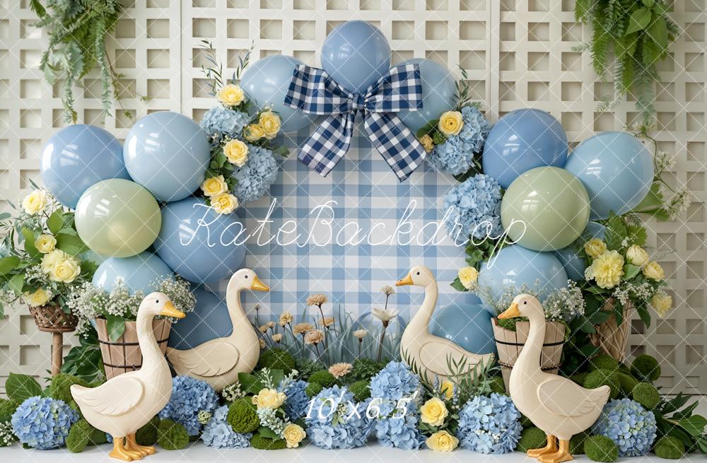 Kate Blue Gingham Balloons Ducks Floral Fleece Backdrop Designed by Emetselch - Image 2