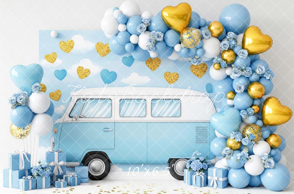 Kate Blue Van Balloons Gold Hearts Fleece Backdrop Designed by Patty Robert - Image 2