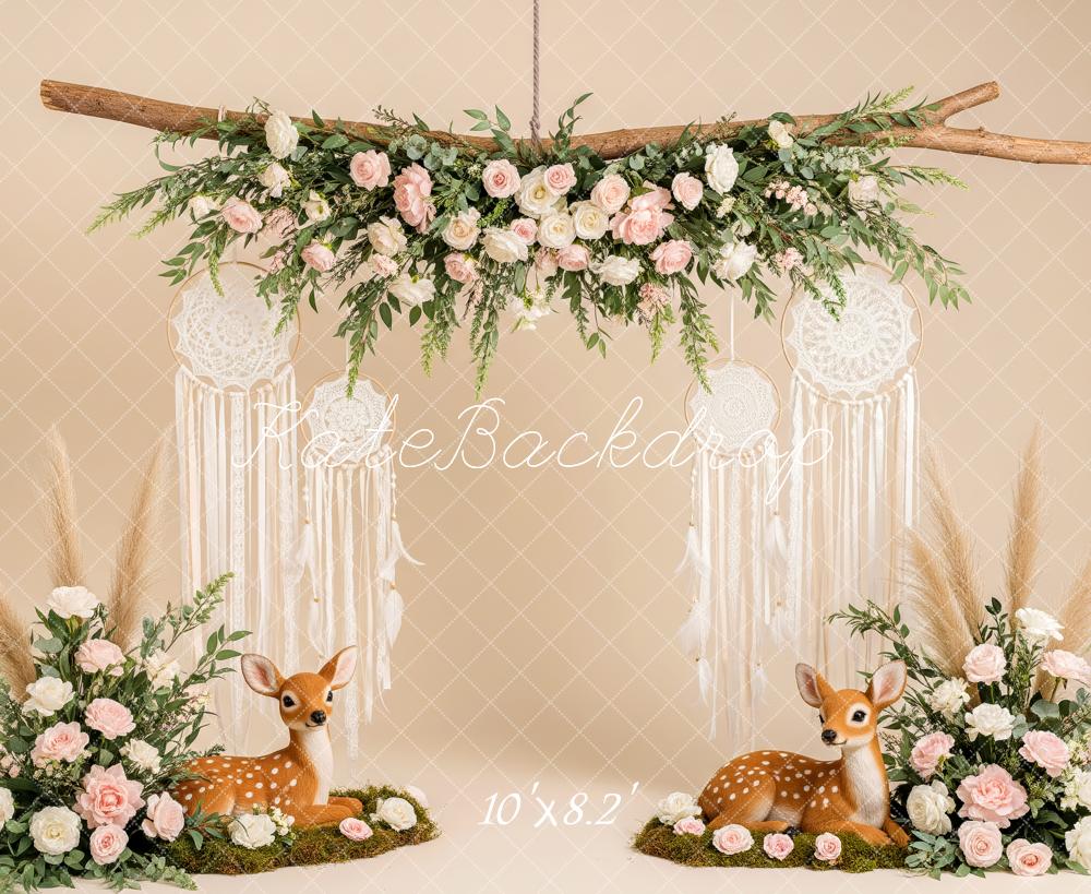 Kate Boho Deer Floral Dreamcatchers Cream Fleece Backdrop Designed by Patty Robert - Image 3