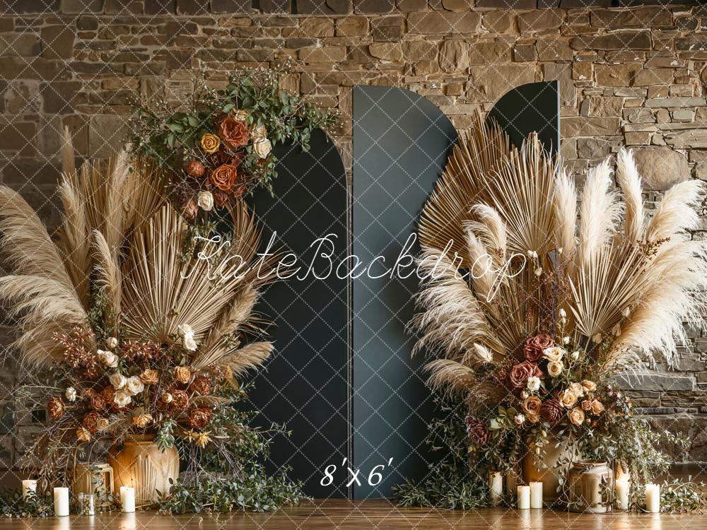 Kate Boho Dried Palms Floral Stone Wall Fleece Backdrop Designed by Emetselch
