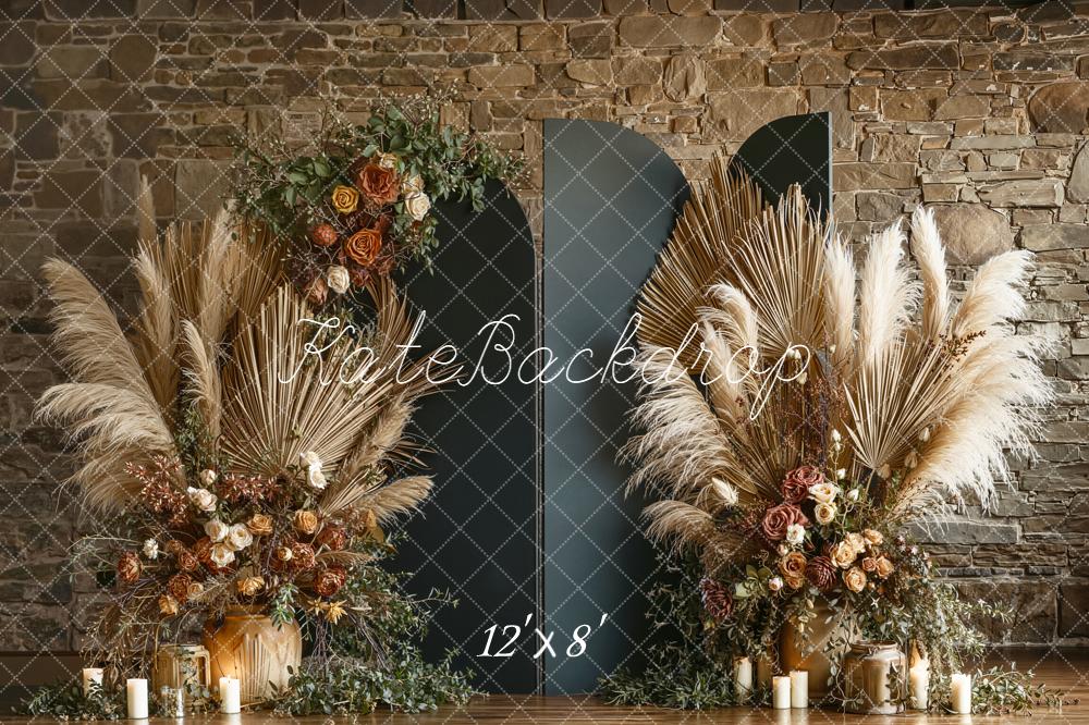 Kate Boho Dried Palms Floral Stone Wall Fleece Backdrop Designed by Emetselch - Image 4