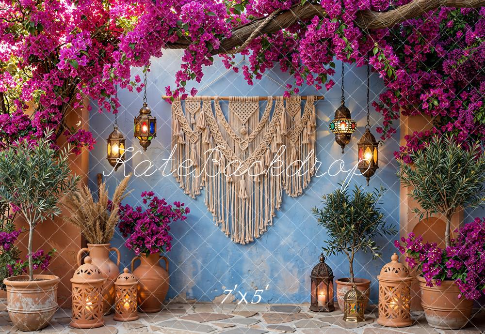 Kate Boho Floral Lanterns Macrame Blue Wall Backdrop Designed by Emetselch
