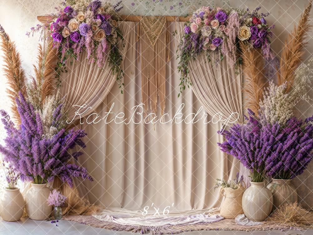Kate Boho Floral Macrame Beige Curtain Backdrop Designed by Emetselch - Image 3