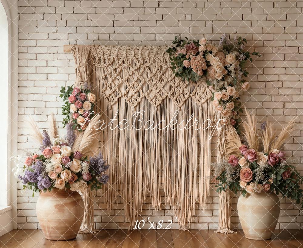 Kate Boho Macrame Floral Arrangement Brick Wall Fleece Backdrop Designed by Emetselch - Image 3
