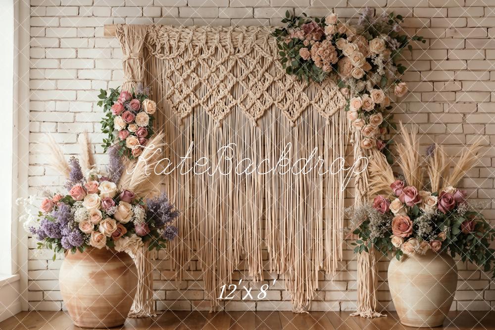 Kate Boho Macrame Floral Arrangement Brick Wall Fleece Backdrop Designed by Emetselch - Image 4