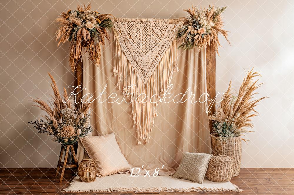 Kate Boho Macrame Pampas Neutral Fleece Backdrop Designed by Emstselch - Image 4
