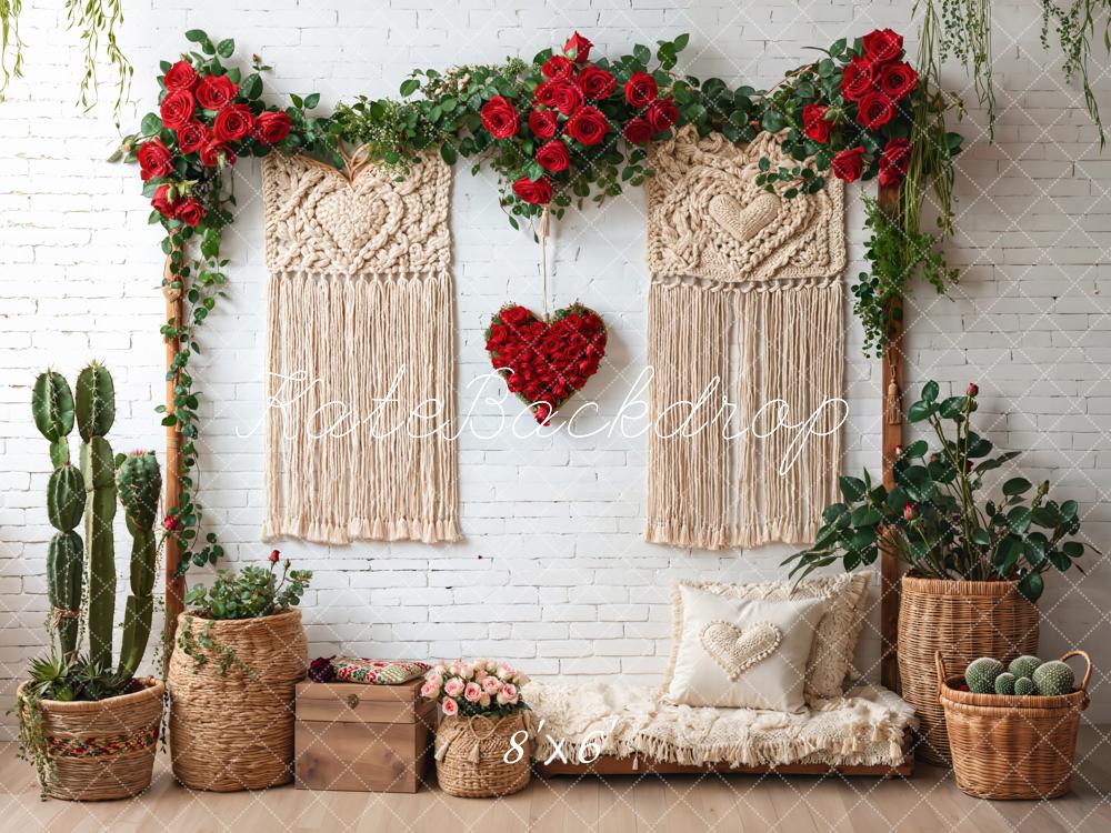Kate Boho Macrame Red Roses Brick Fleece Backdrop Designed by Emetselch