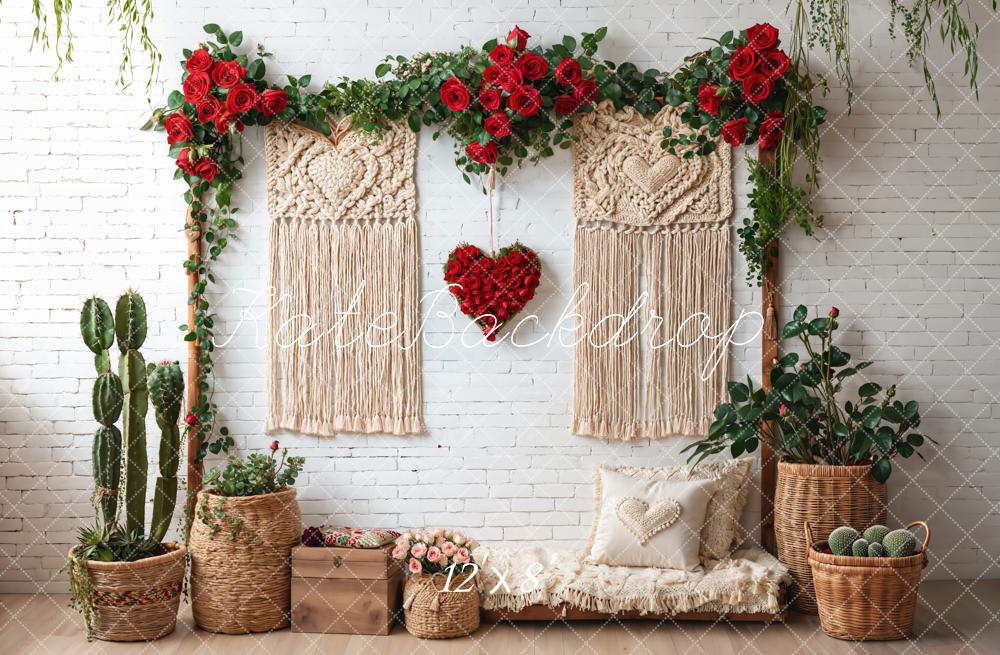 Kate Boho Macrame Red Roses Brick Fleece Backdrop Designed by Emetselch - Image 4