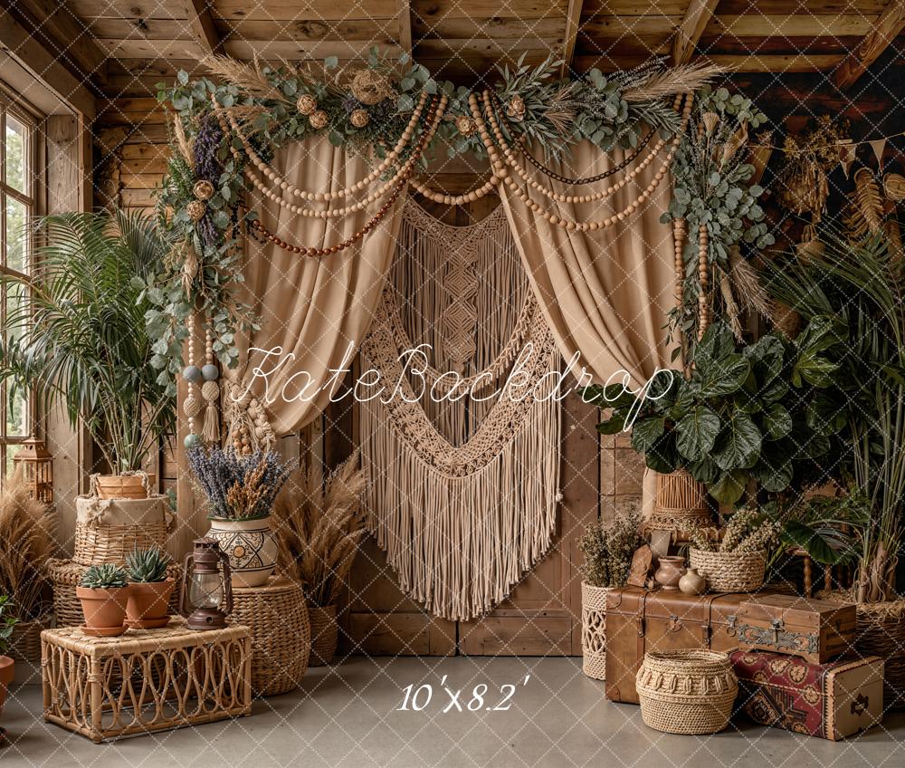 Kate Boho Macrame Wicker Plants Rustic Fleece Backdrop Designed by Emetselch - Image 3